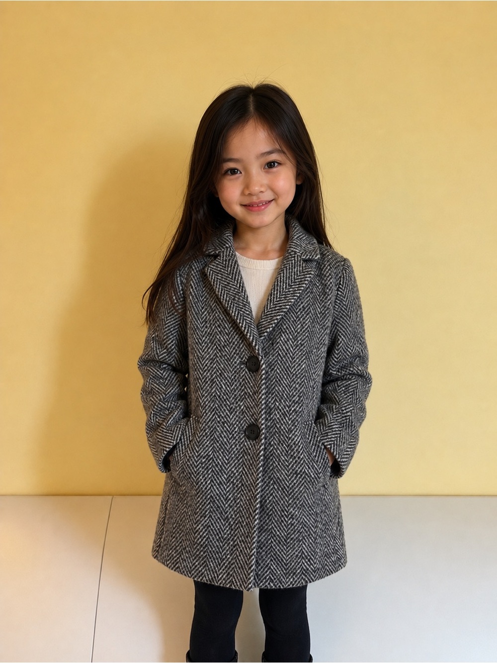 Cat & Jack Girls Herringbone Peacoat Gray Black Button Front Coat XS - Picture 8 of 8